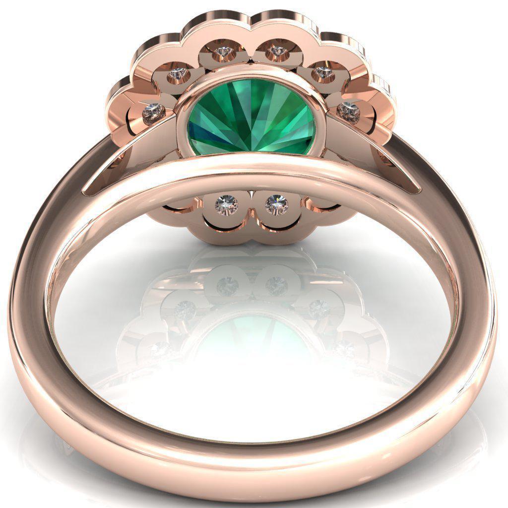 Zinnia Round Emerald 6 Prongs Milgrain Halo Accent Diamonds Ring-Custom-Made Jewelry-Fire & Brilliance ®