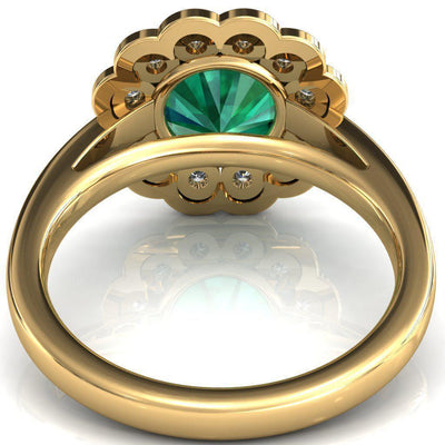 Zinnia Round Emerald 6 Prongs Milgrain Halo Accent Diamonds Ring-Custom-Made Jewelry-Fire & Brilliance ®