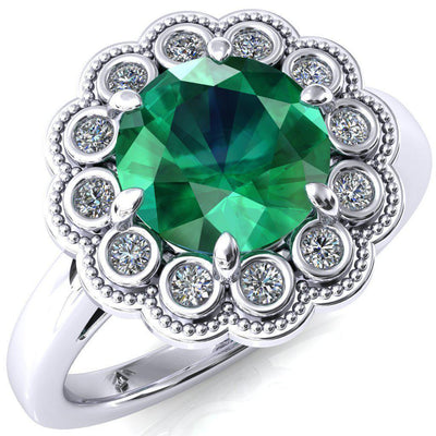 Zinnia Round Emerald 6 Prongs Milgrain Halo Accent Diamonds Ring-Custom-Made Jewelry-Fire & Brilliance ®