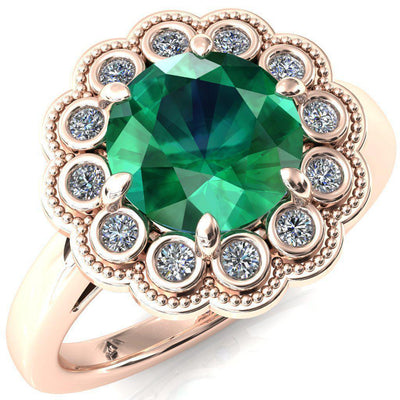 Zinnia Round Emerald 6 Prongs Milgrain Halo Accent Diamonds Ring-Custom-Made Jewelry-Fire & Brilliance ®