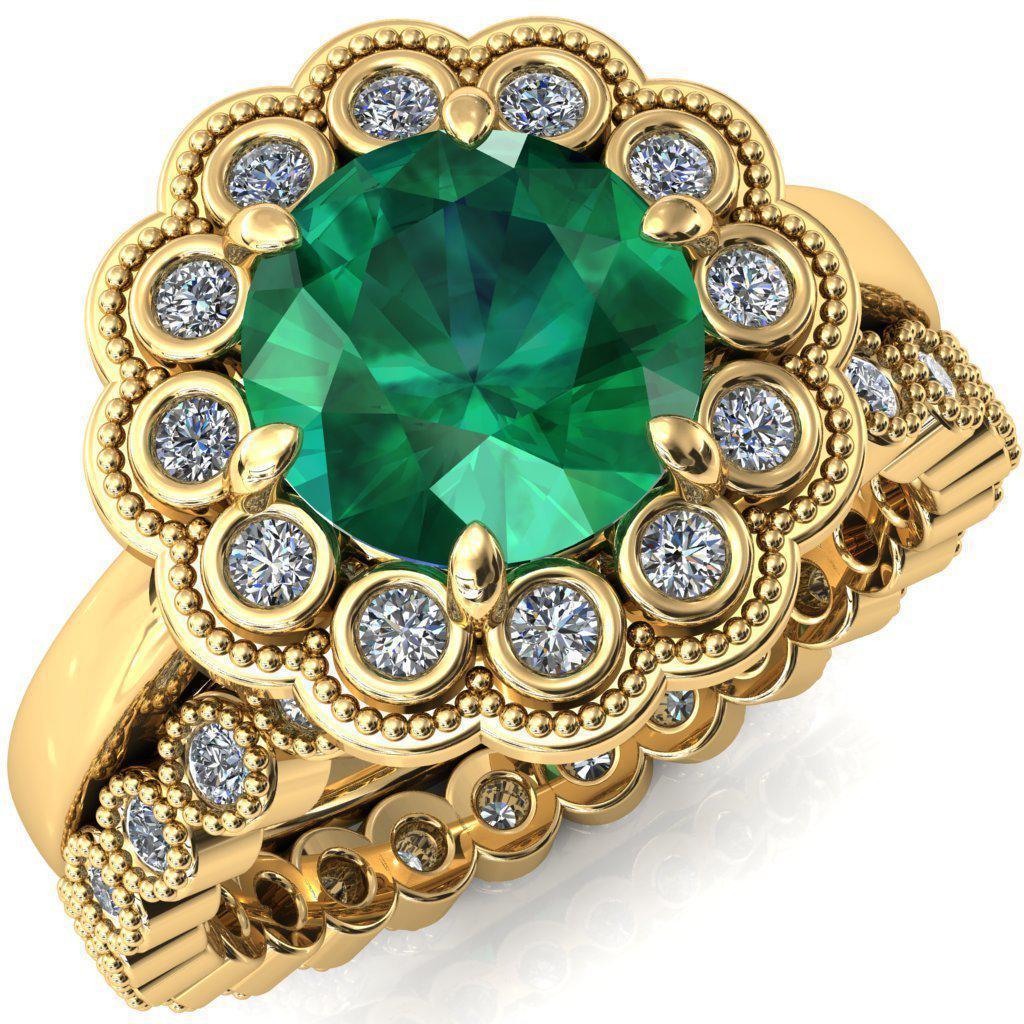 Zinnia Round Emerald 6 Prongs Milgrain Halo Accent Diamonds Ring-Custom-Made Jewelry-Fire & Brilliance ®