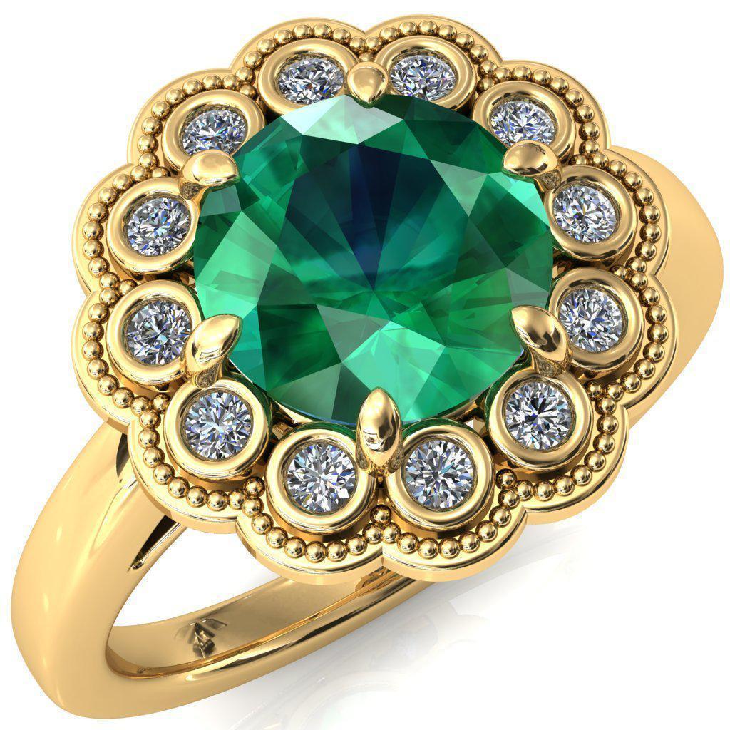 Zinnia Round Emerald 6 Prongs Milgrain Halo Accent Diamonds Ring-Custom-Made Jewelry-Fire & Brilliance ®