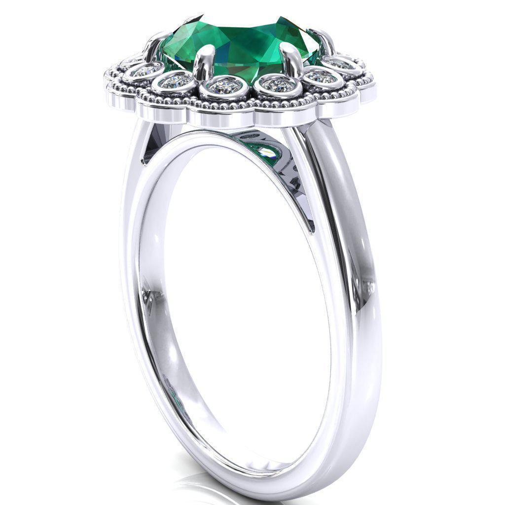 Zinnia Round Emerald 6 Prongs Milgrain Halo Accent Diamonds Ring-Custom-Made Jewelry-Fire & Brilliance ®