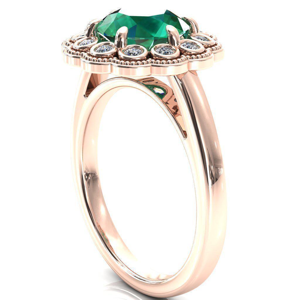 Zinnia Round Emerald 6 Prongs Milgrain Halo Accent Diamonds Ring-Custom-Made Jewelry-Fire & Brilliance ®