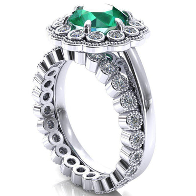 Zinnia Round Emerald 6 Prongs Milgrain Halo Accent Diamonds Ring-Custom-Made Jewelry-Fire & Brilliance ®