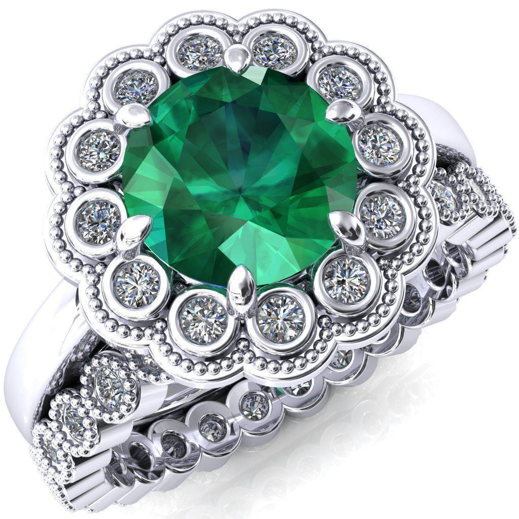 Zinnia Round Emerald 6 Prongs Milgrain Halo Accent Diamonds Ring-Custom-Made Jewelry-Fire & Brilliance ®