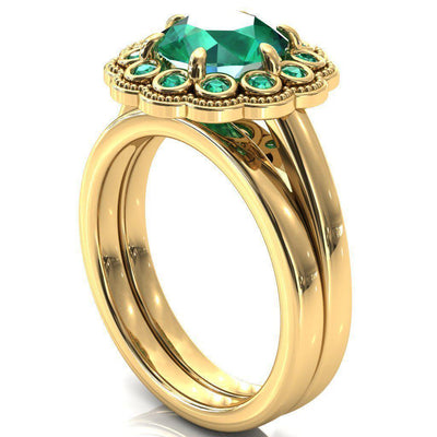 Zinnia Round Emerald 6 Prongs Milgrain Halo Accent Emerald Ring-Custom-Made Jewelry-Fire & Brilliance ®