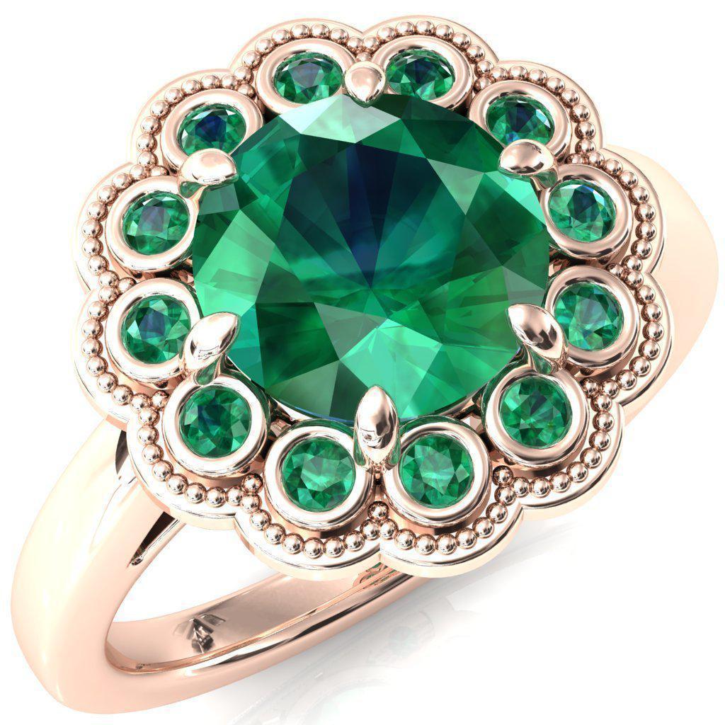 Zinnia Round Emerald 6 Prongs Milgrain Halo Accent Emerald Ring-Custom-Made Jewelry-Fire & Brilliance ®