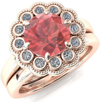 Zinnia Round Padparadscha Sapphire 6 Prongs Milgrain Halo Accent Diamonds Ring-Custom-Made Jewelry-Fire & Brilliance ®