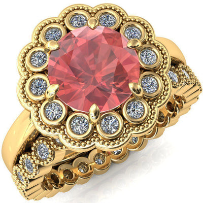 Zinnia Round Padparadscha Sapphire 6 Prongs Milgrain Halo Accent Diamonds Ring-Custom-Made Jewelry-Fire & Brilliance ®