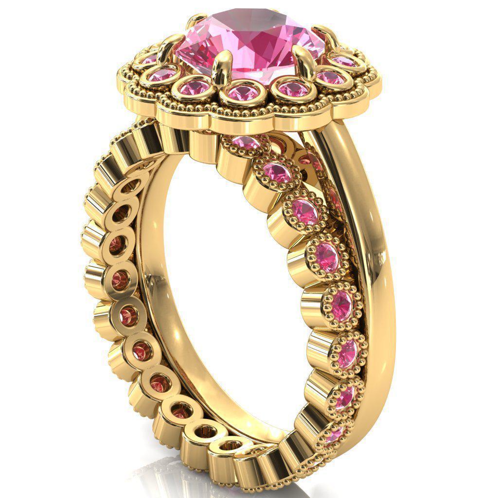 Zinnia Round Pink Sapphire 6 Prongs Milgrain Halo Accent Pink Sapphire Ring-Custom-Made Jewelry-Fire & Brilliance ®