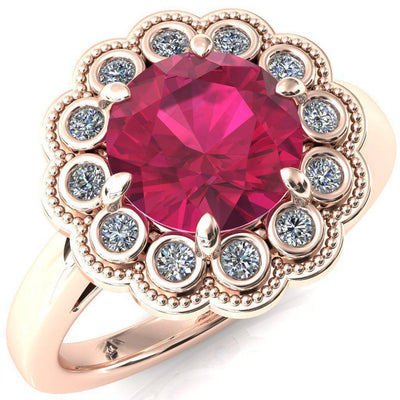 Zinnia Round Ruby 6 Prong Milgrain Diamond Halo Cathedral Engagement Ring-FIRE & BRILLIANCE