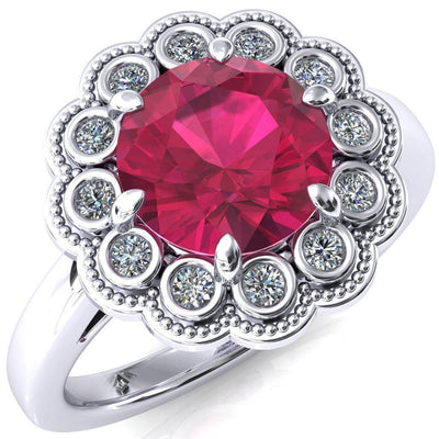 Zinnia Round Ruby 6 Prong Milgrain Diamond Halo Cathedral Engagement Ring-FIRE & BRILLIANCE