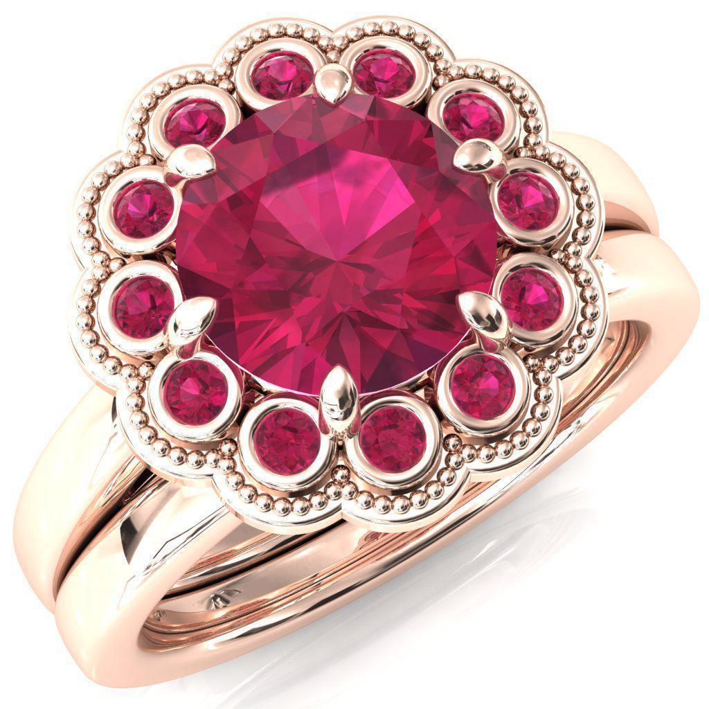 Zinnia Round Ruby 6 Prongs Milgrain Halo Accent Diamonds Ring-Custom-Made Jewelry-Fire & Brilliance ®