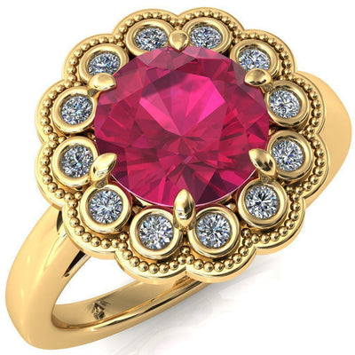 Zinnia Round Ruby 6 Prongs Milgrain Halo Accent Diamonds Ring-Custom-Made Jewelry-Fire & Brilliance ®