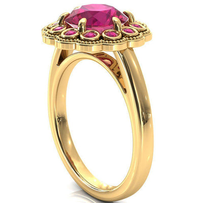Zinnia Round Ruby 6 Prongs Milgrain Halo Accent Ruby Ring-Custom-Made Jewelry-Fire & Brilliance ®