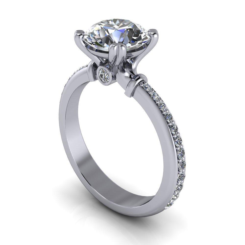 Zoe Round Moissanite Split-Prong Basket Setting with Round Bezel Accent with Diamond Shoulder Ring-Custom-Made Jewelry-Fire & Brilliance ®