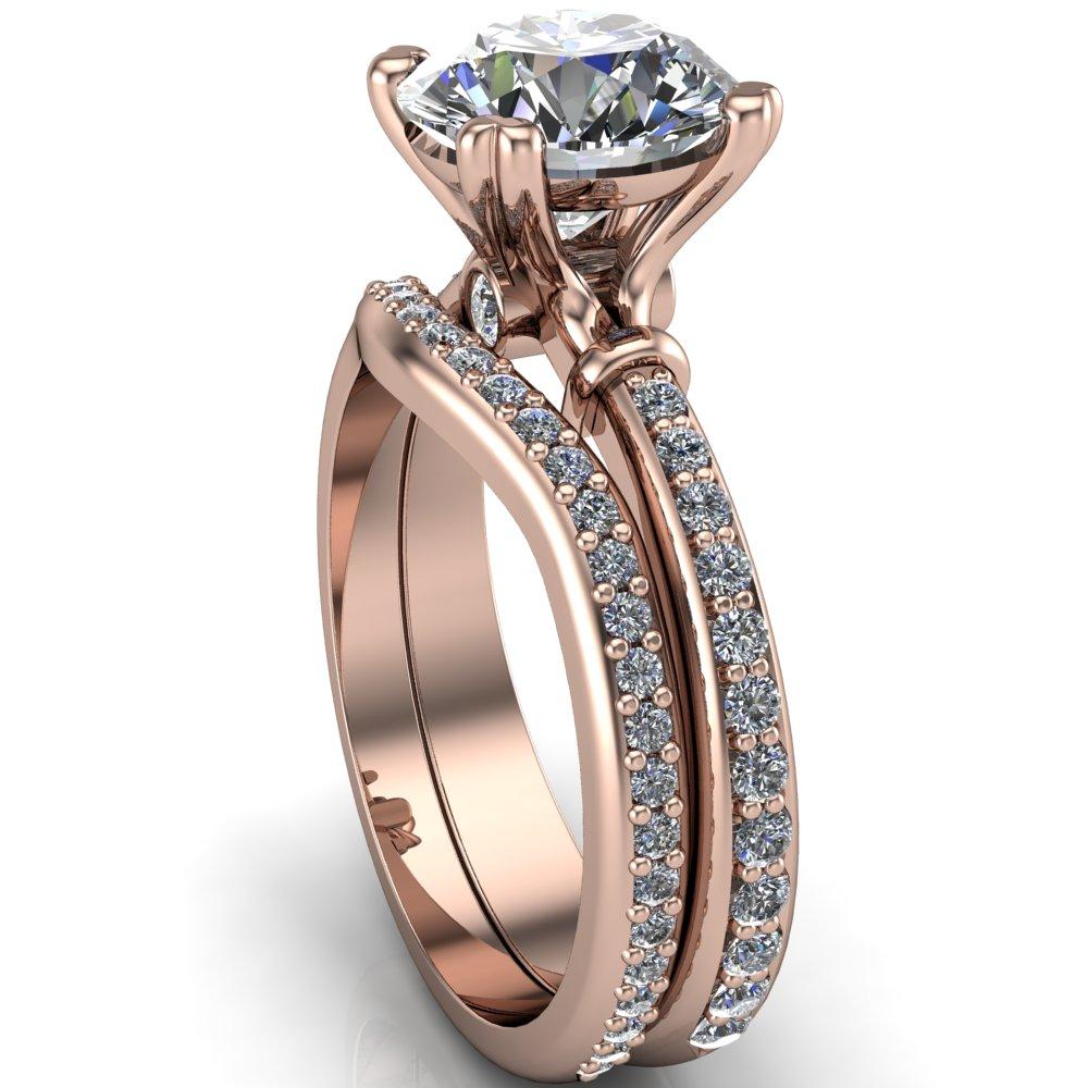 Zoe Round Moissanite Split-Prong Basket Setting with Round Bezel Accent with Diamond Shoulder Ring-Custom-Made Jewelry-Fire & Brilliance ®