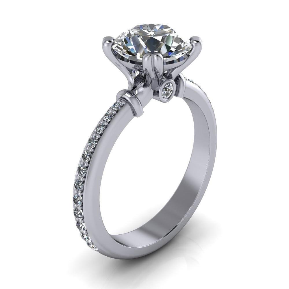 Zoe Round Moissanite Split-Prong Basket Setting with Round Bezel Accent with Diamond Shoulder Ring-Custom-Made Jewelry-Fire & Brilliance ®