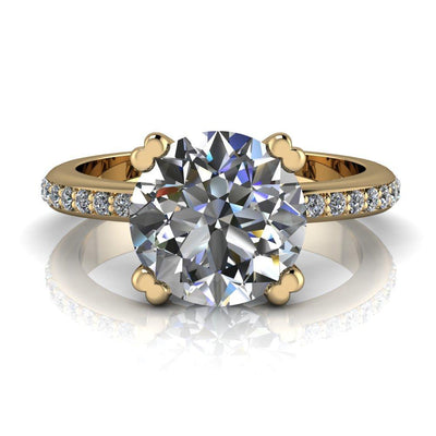 Zoe Round Moissanite Split-Prong Basket Setting with Round Bezel Accent with Diamond Shoulder Ring-Custom-Made Jewelry-Fire & Brilliance ®