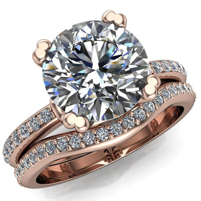 Zoe Round Moissanite Split-Prong Basket Setting with Round Bezel Accent with Diamond Shoulder Ring-Custom-Made Jewelry-Fire & Brilliance ®