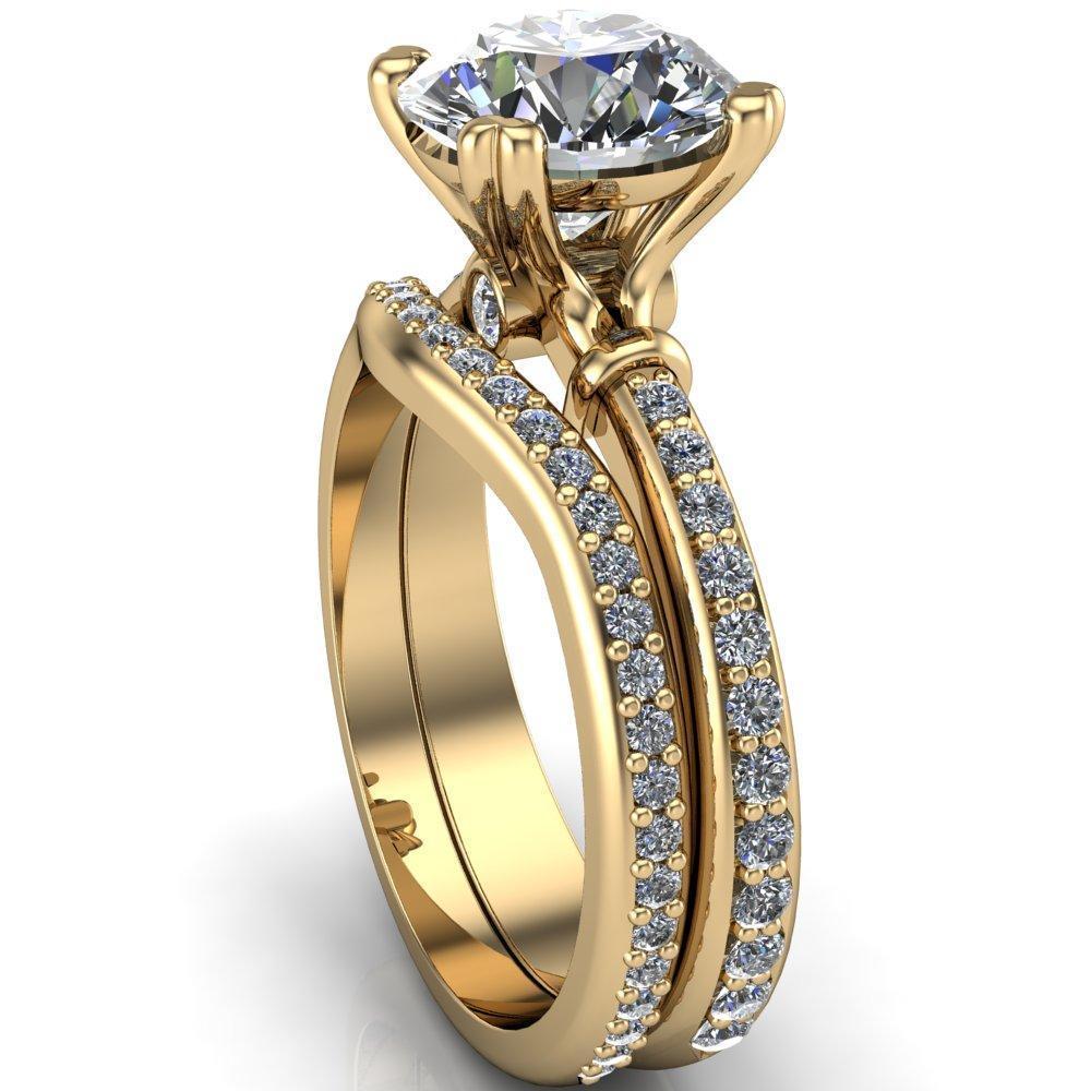 Zoe Round Moissanite Split-Prong Basket Setting with Round Bezel Accent with Diamond Shoulder Ring-Custom-Made Jewelry-Fire & Brilliance ®