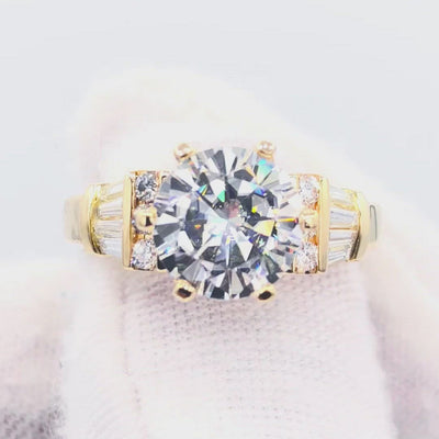 London Round Center Stone 6 Prong Baguette and Diamond Accent Ring