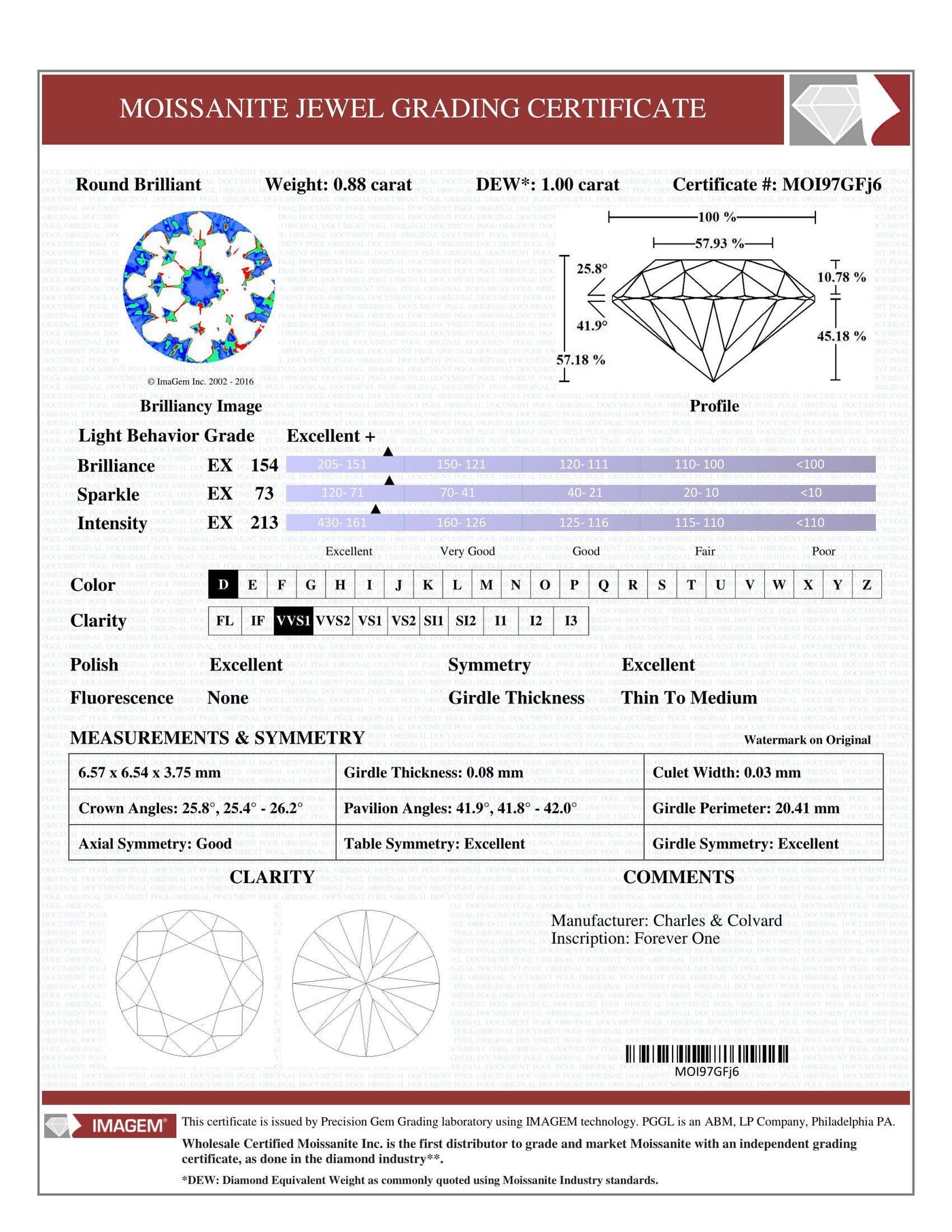 Certified Round Forever One Charles & Colvard Loose Moissanite Stone - 1.00 Carats - D Color - VVS1 Clarity-Certified Forever ONE Moissanite-Fire & Brilliance ®