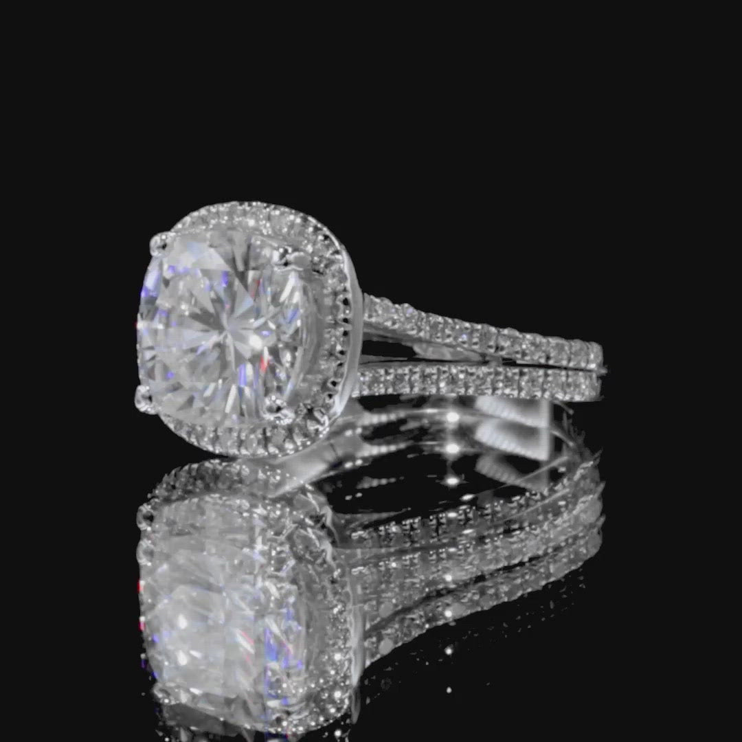 8mm Cushion Moissanite 14K White Gold 4 Prong Diamond Halo Split Shank Ring