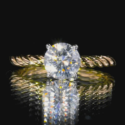 Round Moissanite Two-tone 14K White Gold 4 Prong Peg and Yellow Gold Braided Rope Solitaire Ring