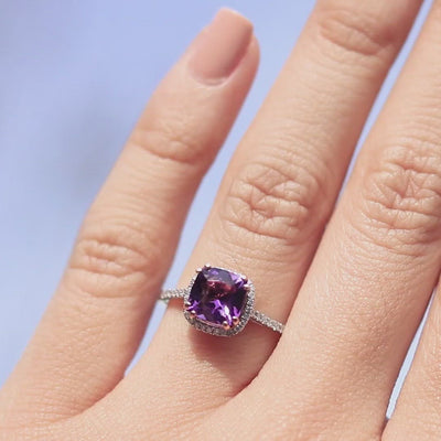 Natural Cushion Amethyst 14k Solid Two-Tone White Gold Band & Rose Gold 4 Prongs with Diamond Halo Ring 1.55 Carat Total Weight