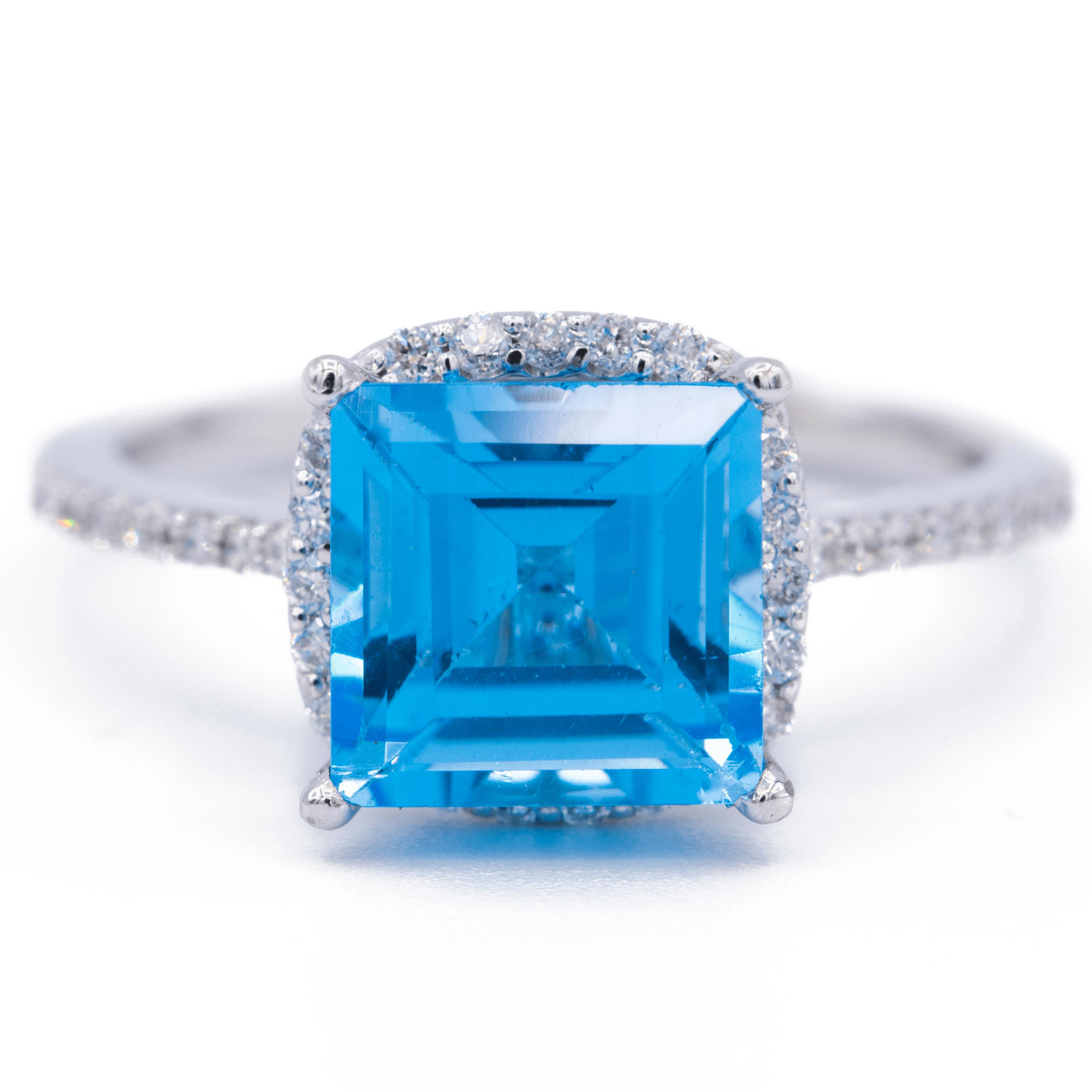 Natural Square Blue Topaz 14k Solid White Gold with Diamond Antique Shoulders and Floral Halo Basket Setting 3.7 CTTW-Fire & Brilliance ® Creative Designs-Fire & Brilliance ®