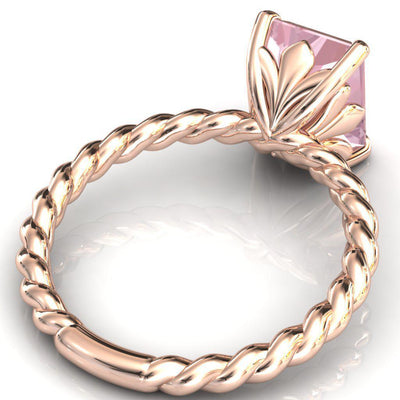 Victoria 10mm x 7mm Radiant Cut Pink Morganite Center Gem 14k Solid Rose Gold Braided Rope Vintage Filigree Ring 2.5 Carat Total Weight-Fire & Brilliance ® Creative Designs-Fire & Brilliance ®